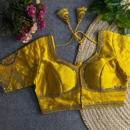 Yellow Pure Soft Italian Silk Sabyasachi Style Bridal Blouse Sleevless Blouse Anant Tex Exports Pvt.Ltd..