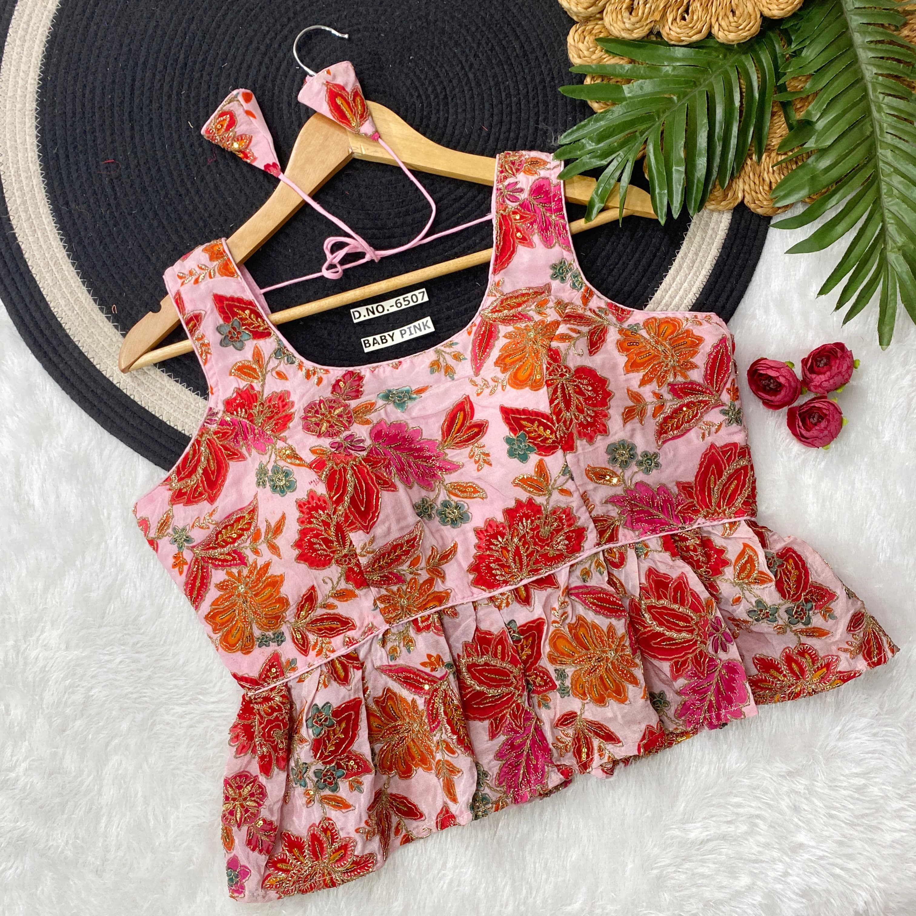 Baby Pink Pure Crape Viscose Floral Print Half Sleeve Peplum Blouse Half Sleeve Anant Tex Exports Pvt.Ltd..