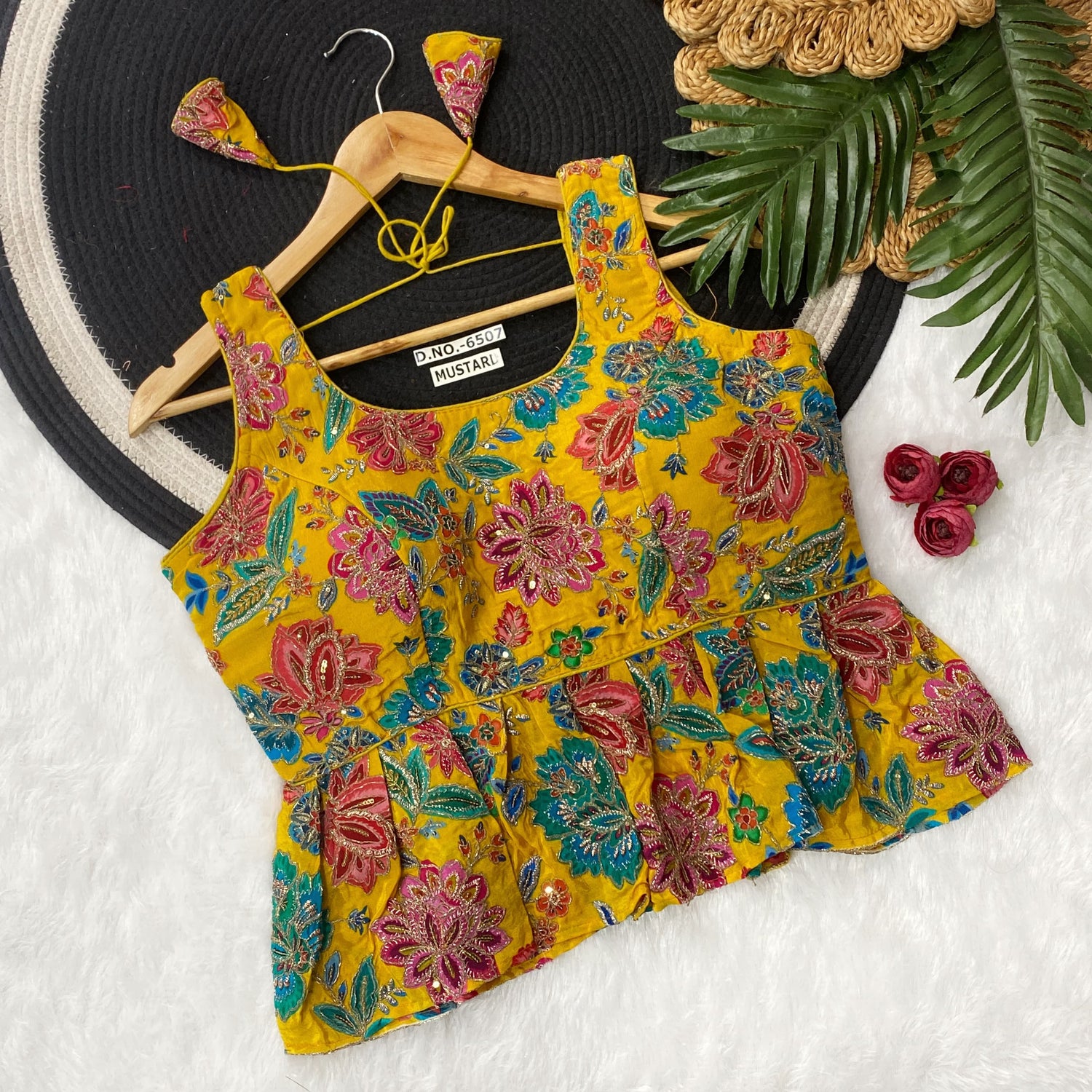 Mustard Pure Crape Viscose Floral Print Half Sleeve Peplum Blouse Half Sleeve Anant Tex Exports Pvt.Ltd..