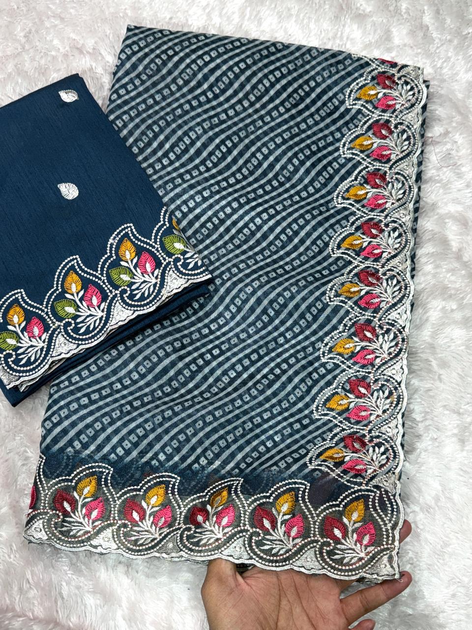 Blue Pure Soft Cotton Satin Saree