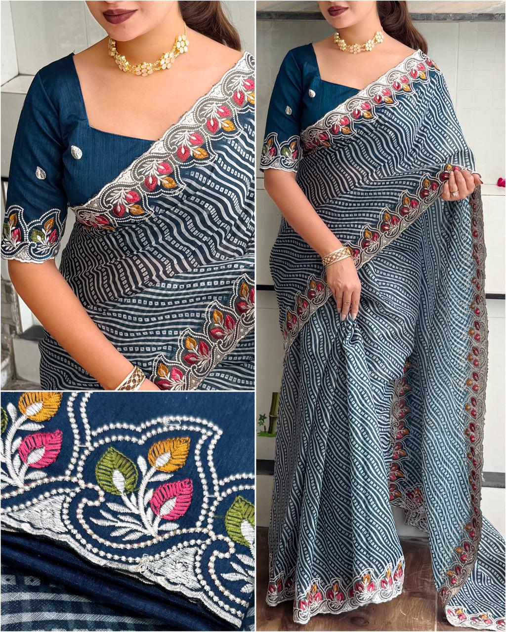 Blue Pure Soft Cotton Satin Saree Tussar Cotton Saree Anant Tex Exports Pvt.Ltd..