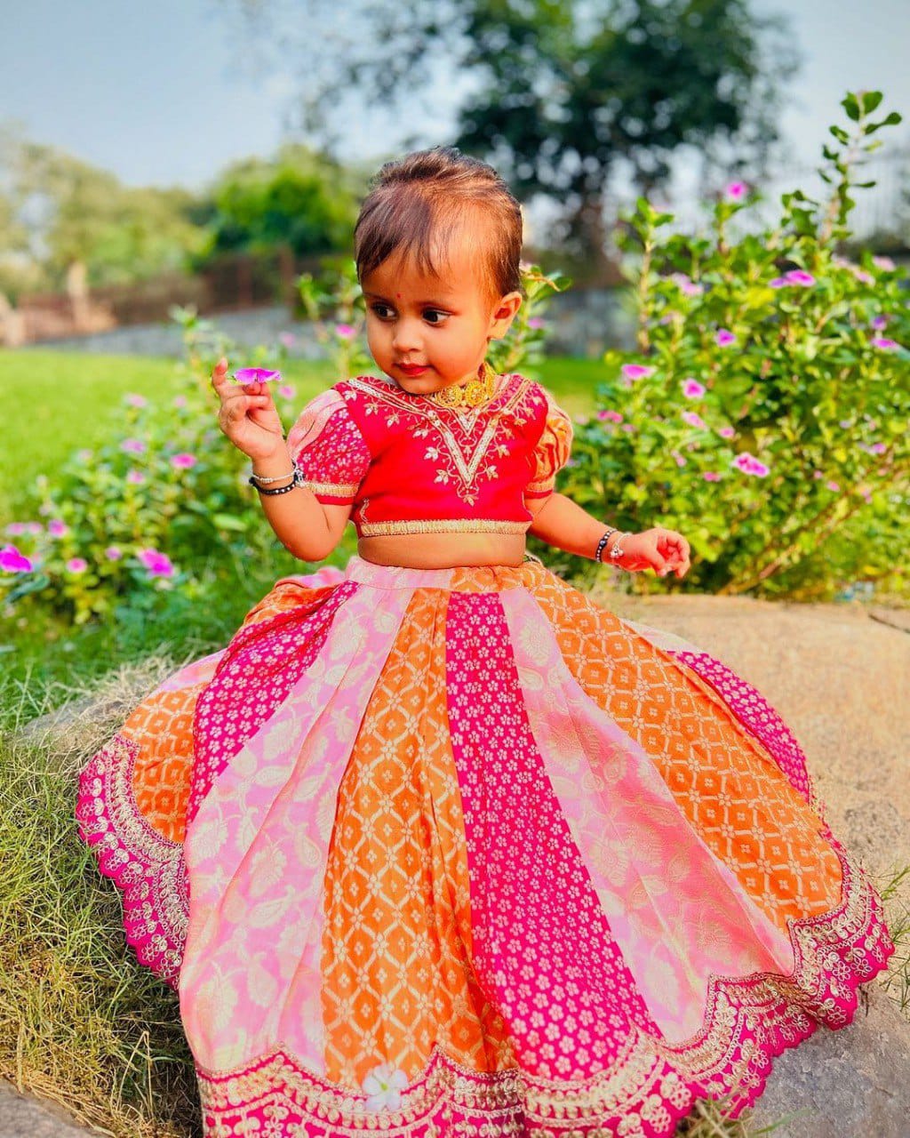 Multicolour Pure Heavy Mono Banglory Weaving Kids Girl's Lehenga Choli