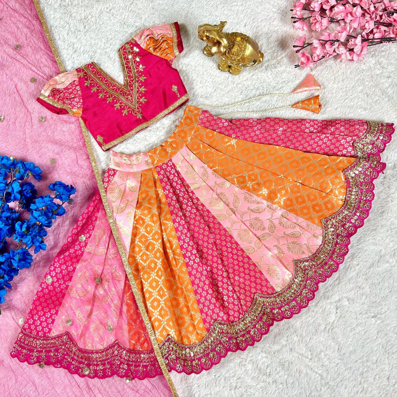 Multicolour Pure Heavy Mono Banglory Weaving Kids Girl's Lehenga Choli