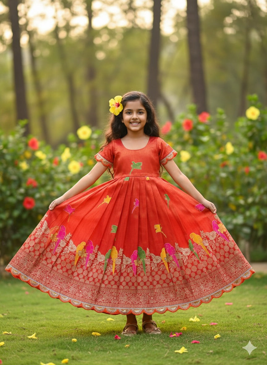 Orange Pure Viscose Tissue Silk Kids Girl&