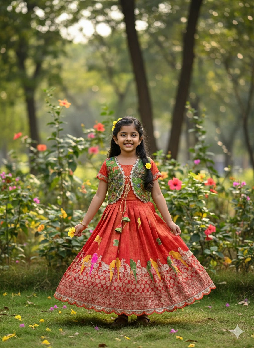 Orange Pure Viscose Tissue Silk Kids Girl&