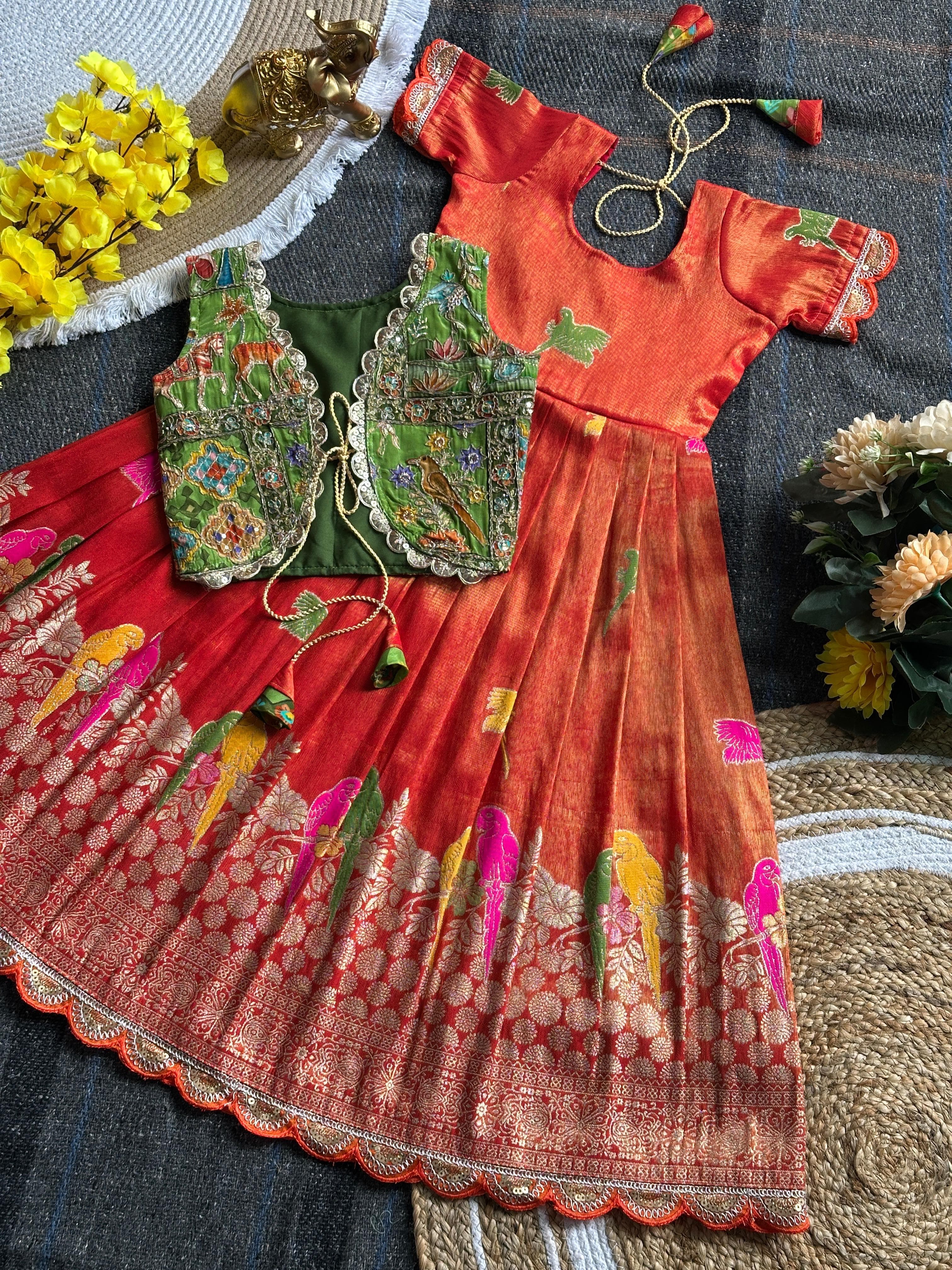 Orange Pure Viscose Tissue Silk Kids Girl's Gown