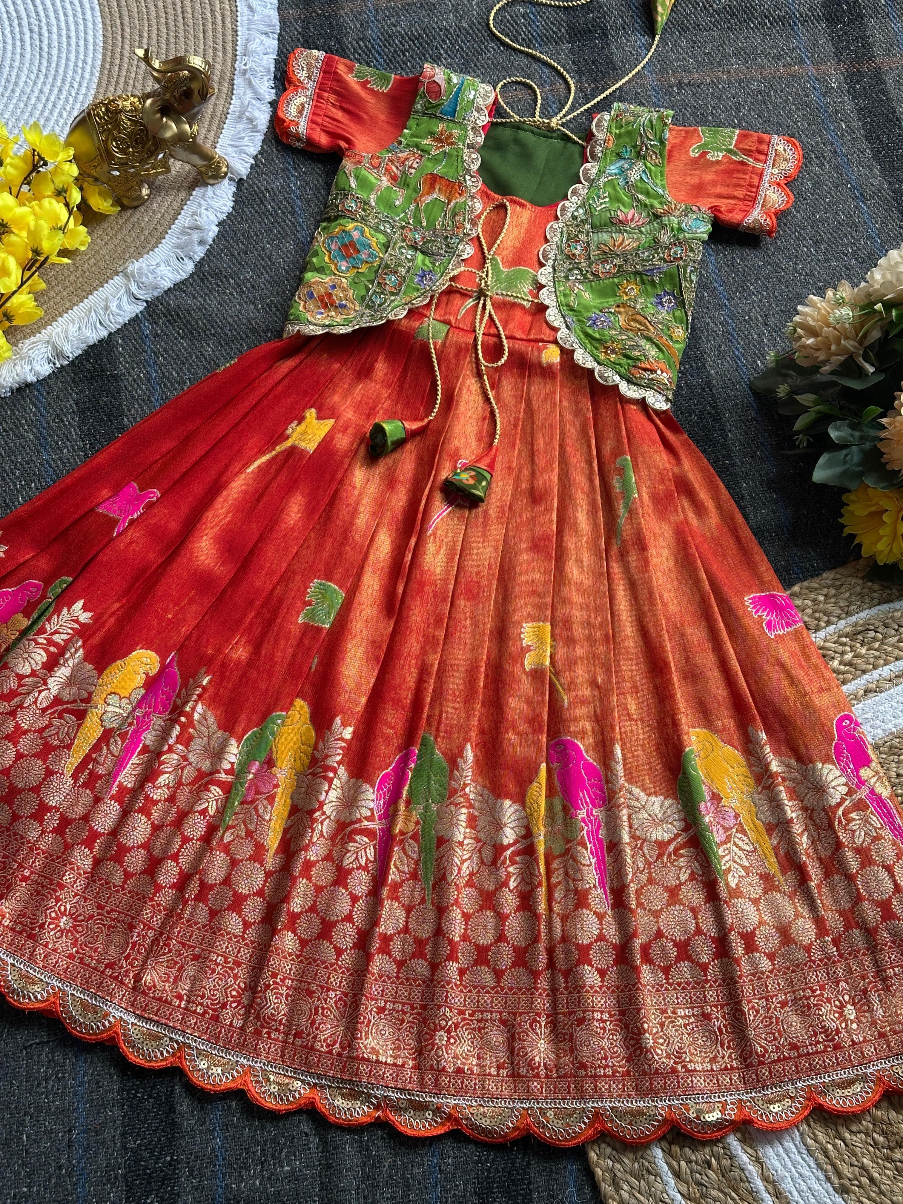 Orange Pure Viscose Tissue Silk Kids Girl's Gown