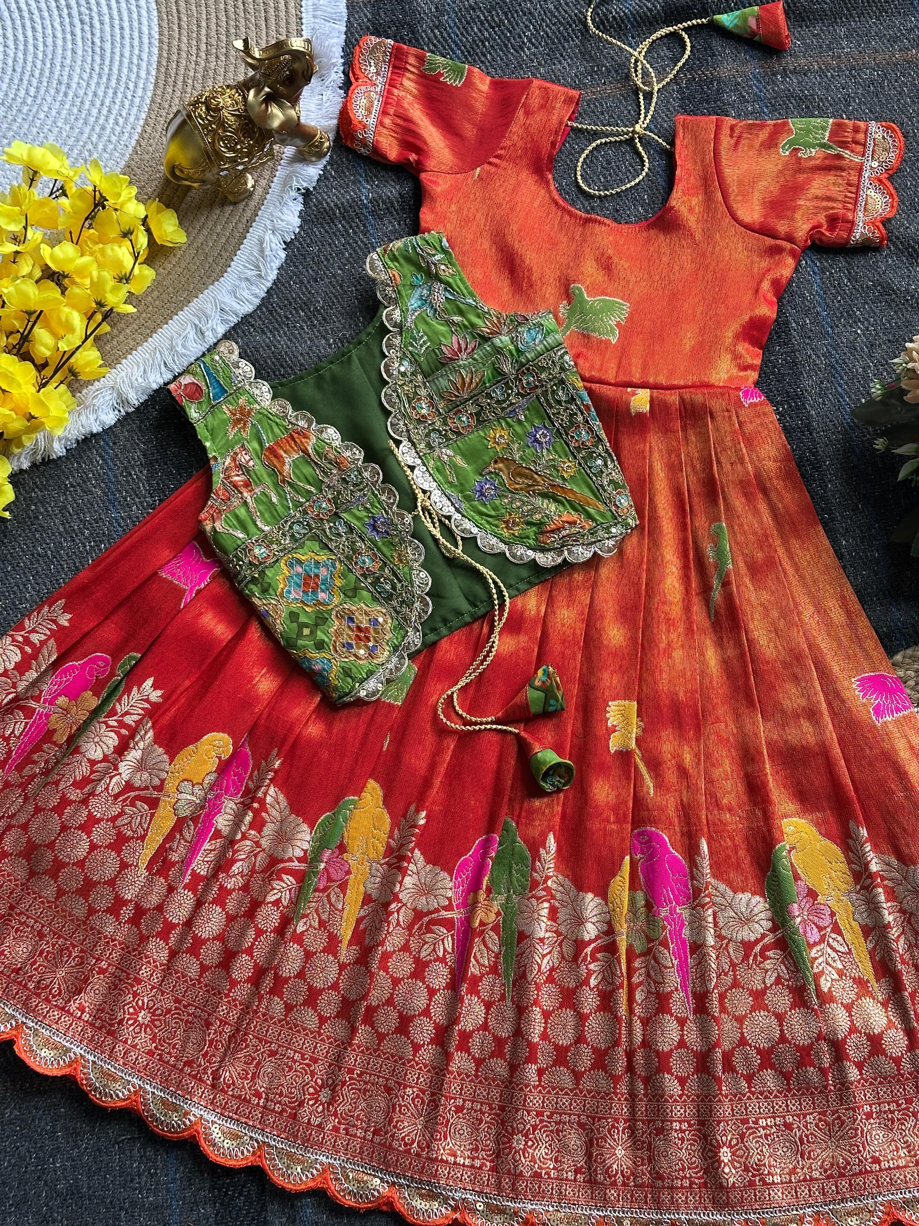 Orange Pure Viscose Tissue Silk Kids Girl's Gown