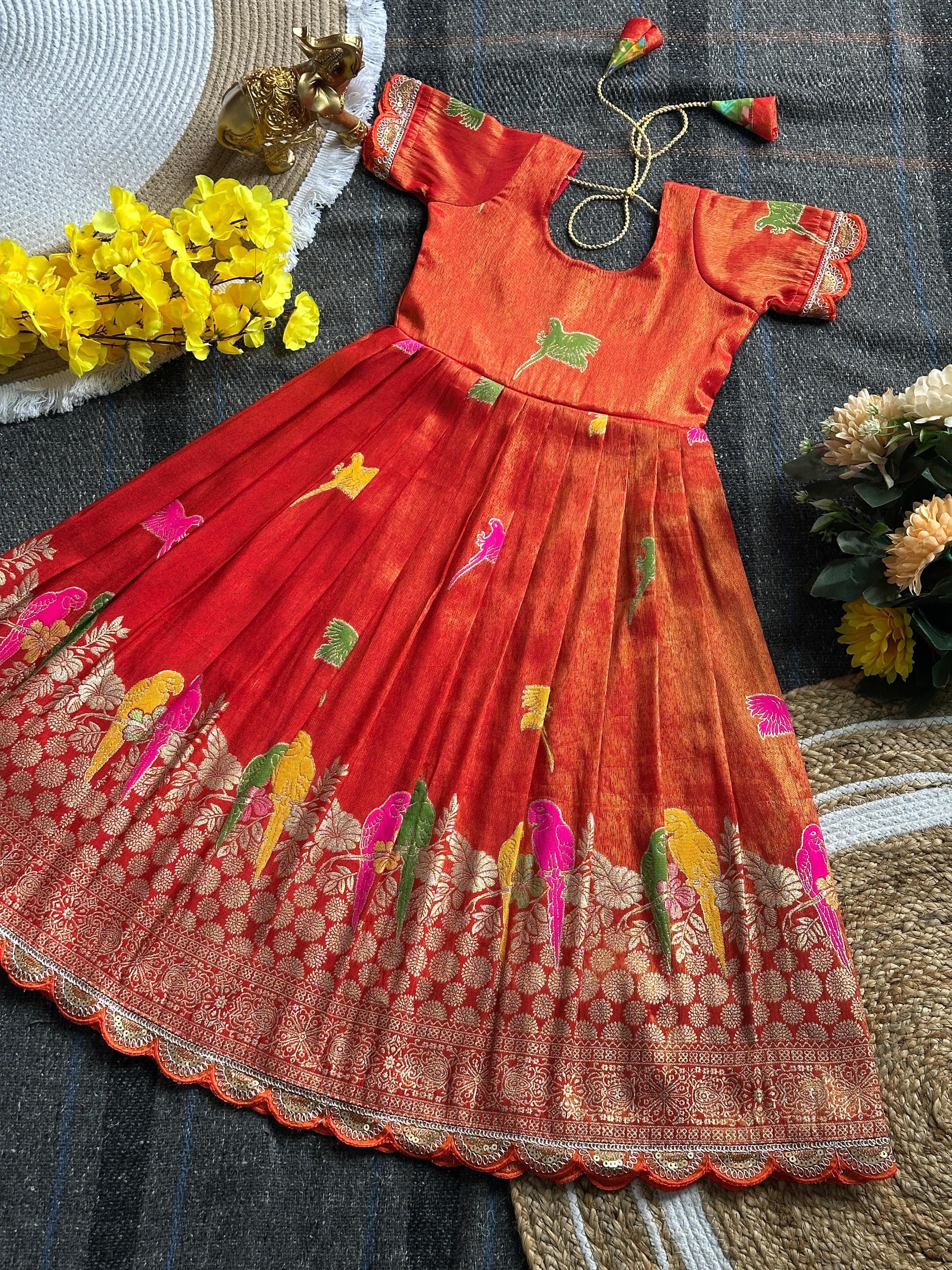 Orange Pure Viscose Tissue Silk Kids Girl's Gown