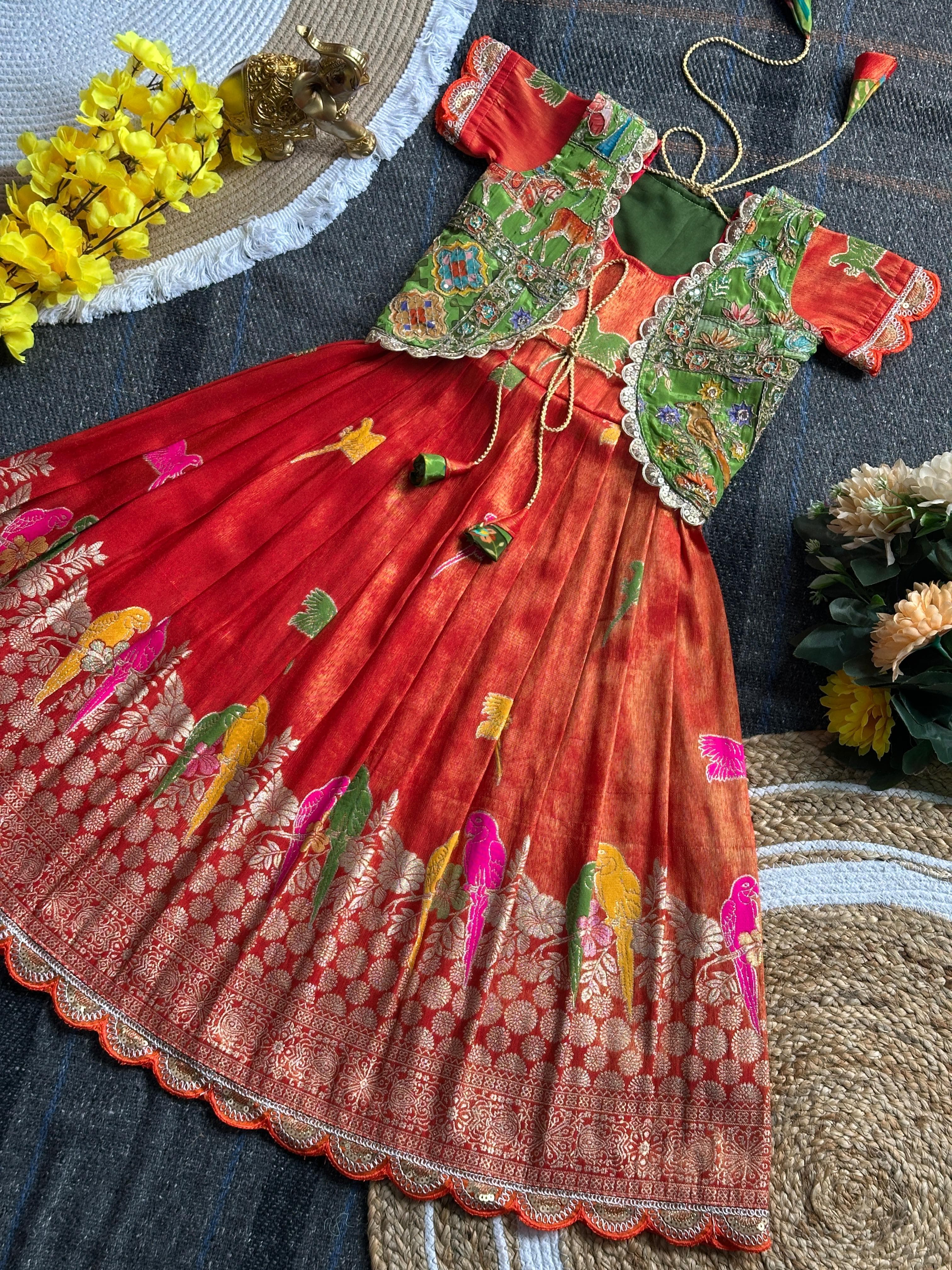 Orange Pure Viscose Tissue Silk Kids Girl's Gown