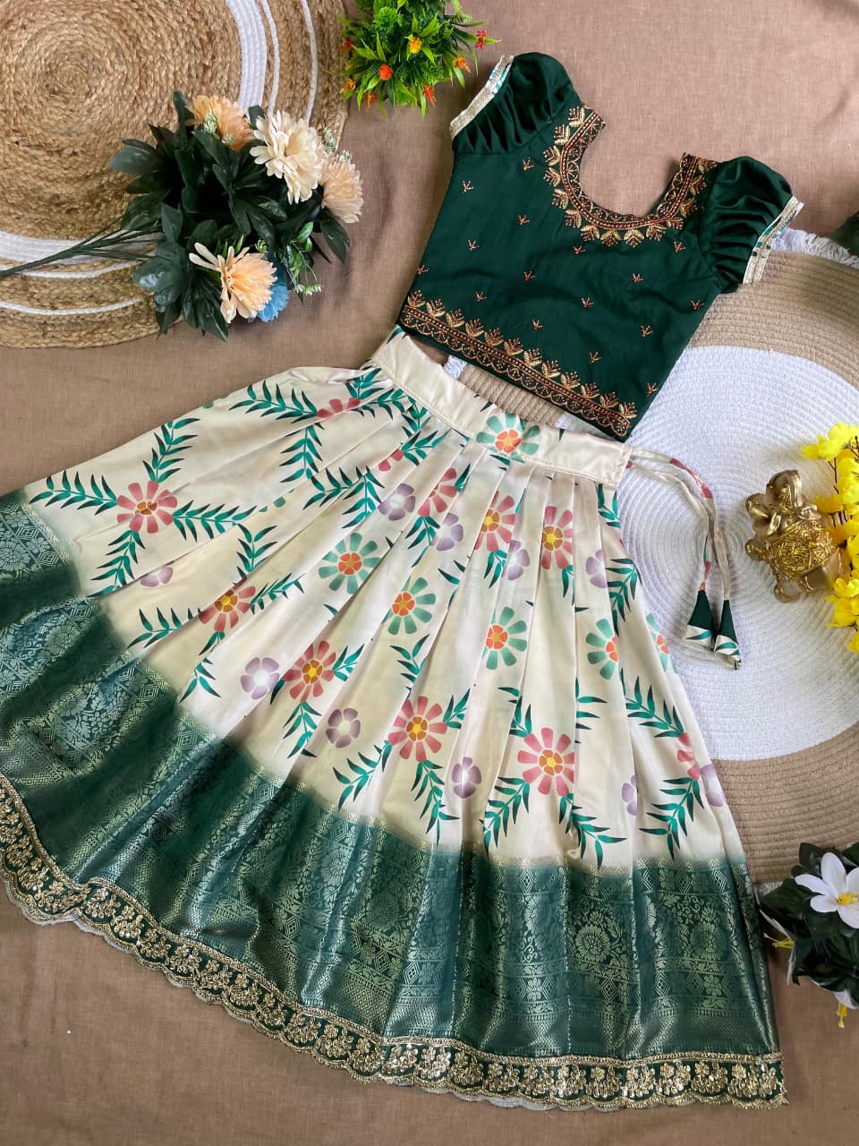 Green Pure Silk Coconut Kids Girl's Lehenga Choli