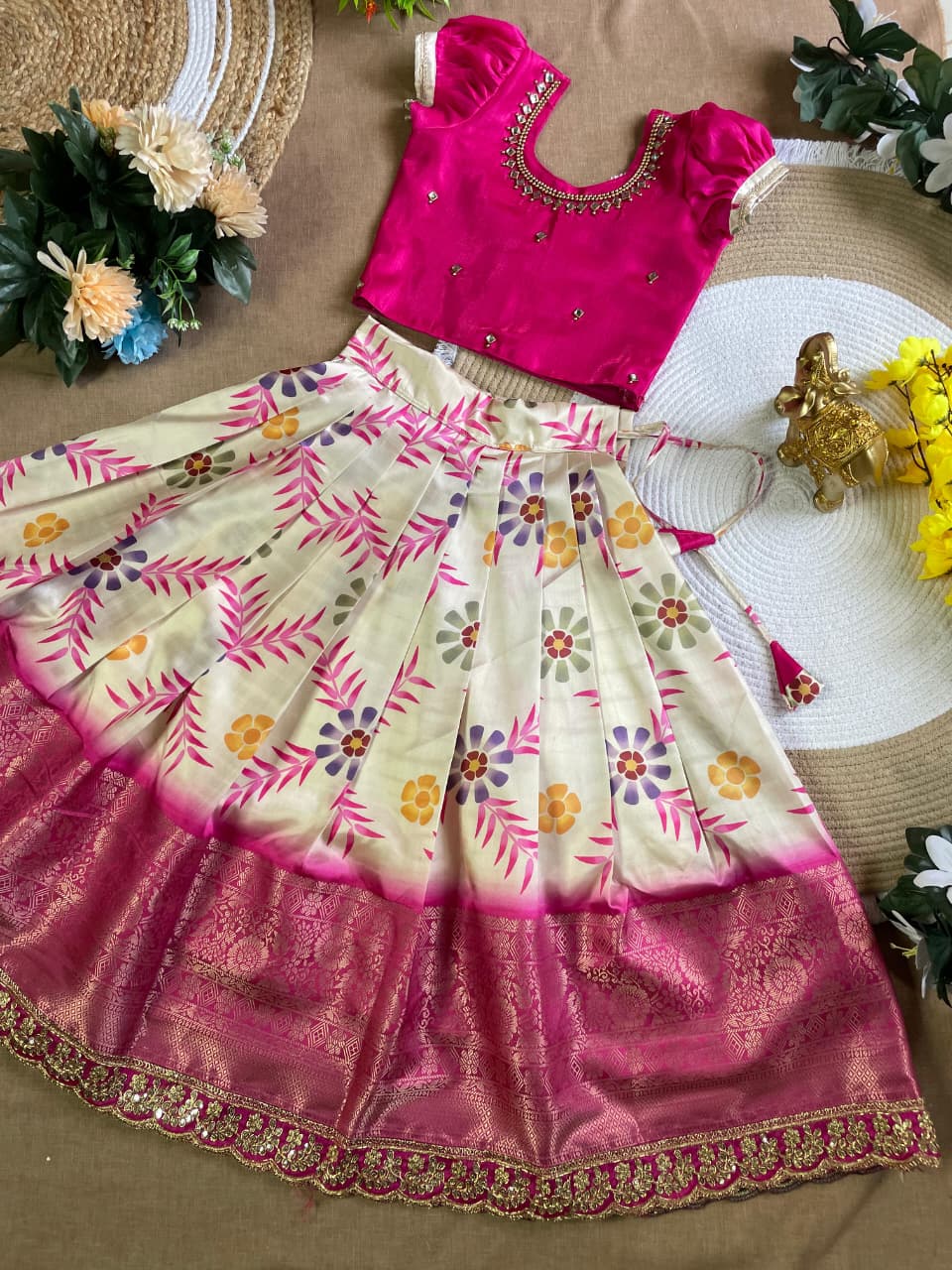 Pink Pure Silk Coconut Kids Girl's Lehenga Choli