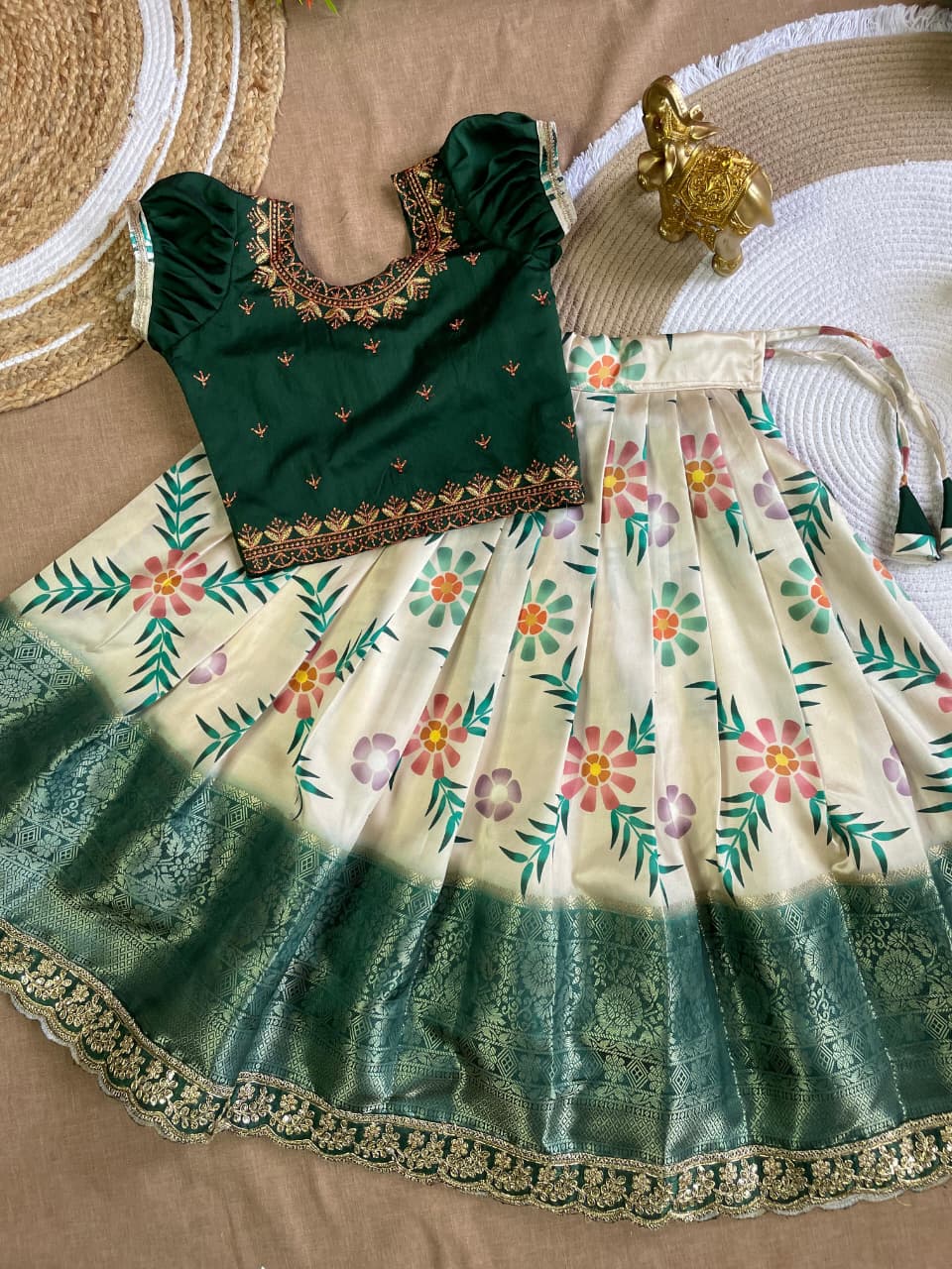 Green Pure Silk Coconut Kids Girl's Lehenga Choli