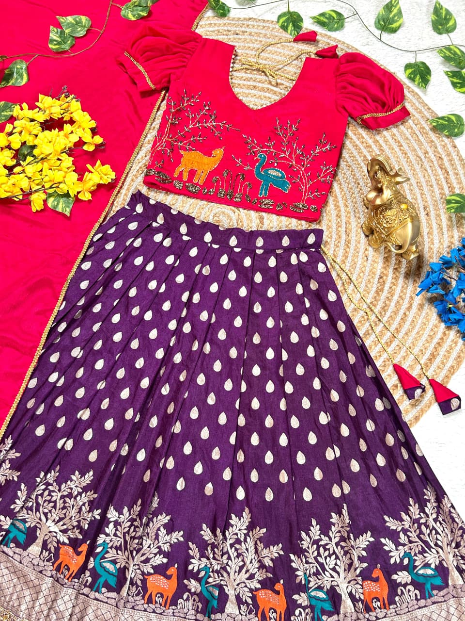 Purple Pure Chinnon Silk Kids Girl's Lehenga Choli