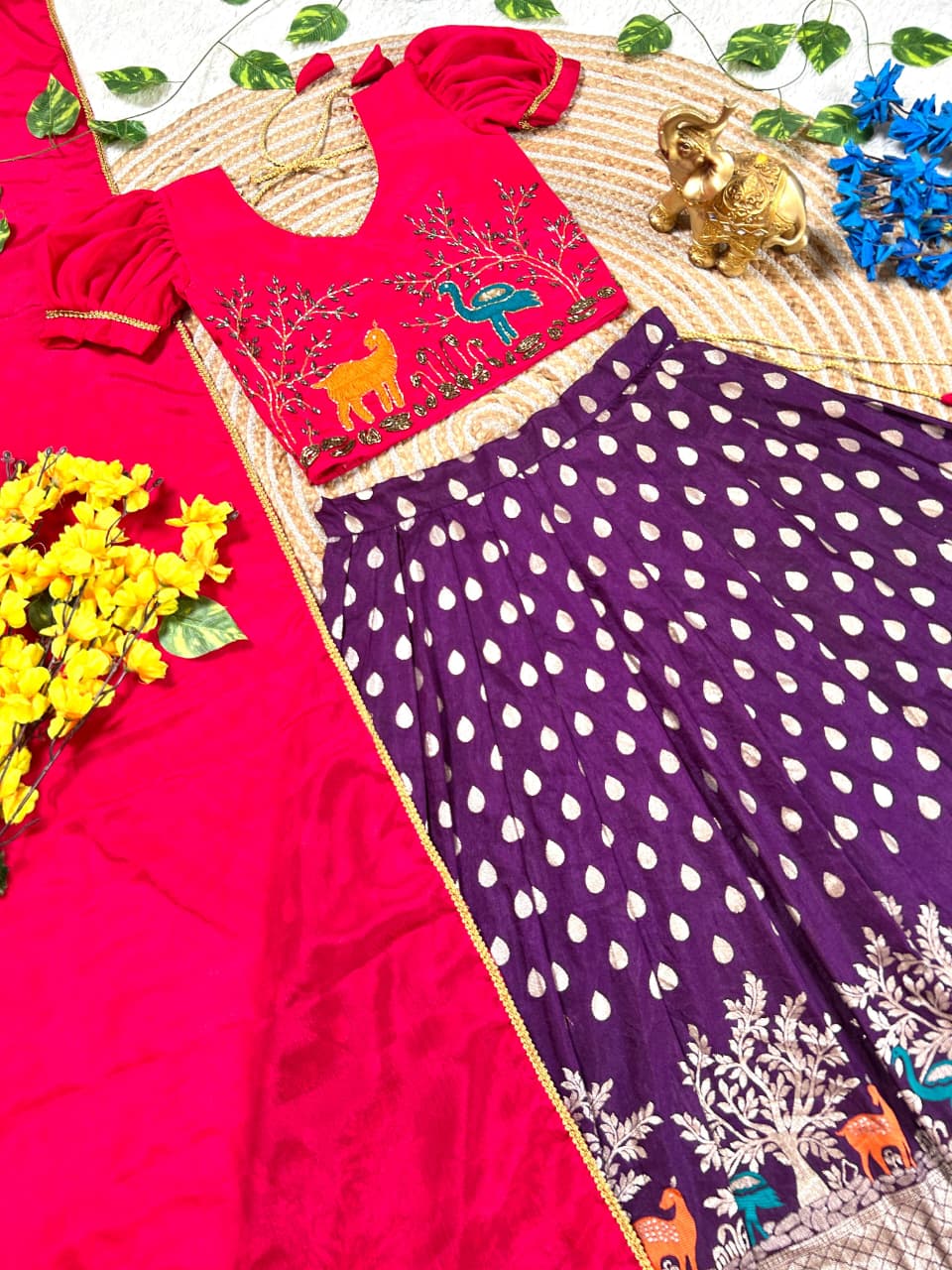 Purple Pure Chinnon Silk Kids Girl's Lehenga Choli