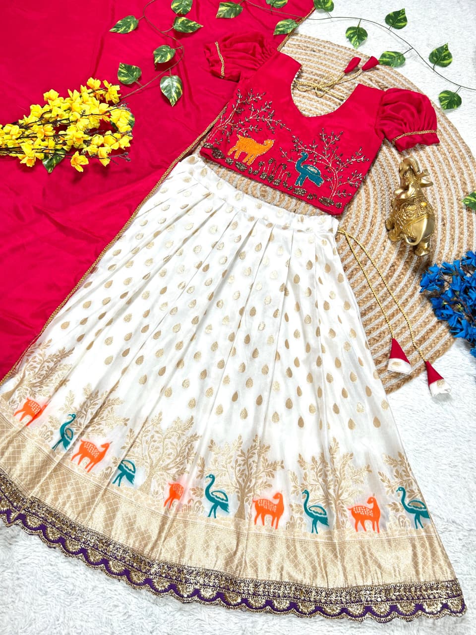 White Pure Chinnon Silk Kids Girl's Lehenga Choli