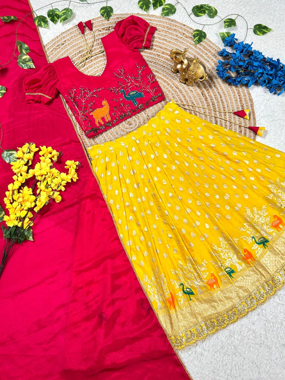 Yellow Pure Chinnon Silk Kids Girl's Lehenga Choli