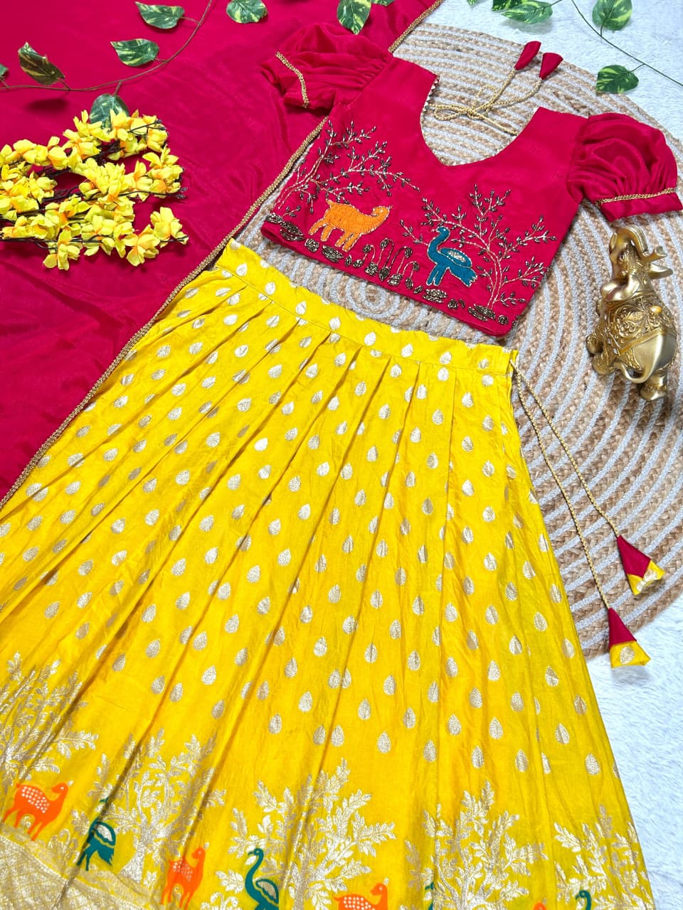 Yellow Pure Chinnon Silk Kids Girl's Lehenga Choli