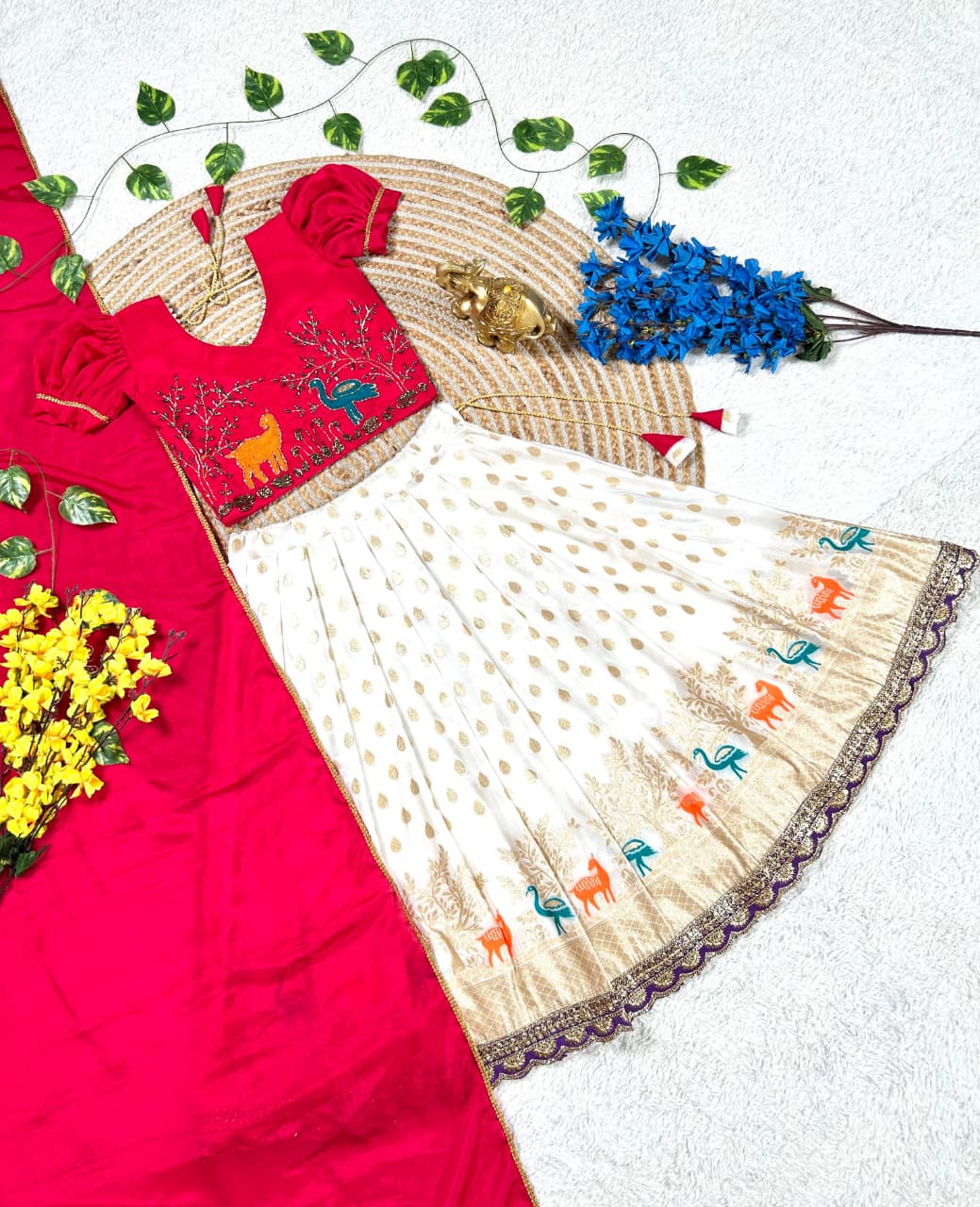 White Pure Chinnon Silk Kids Girl's Lehenga Choli