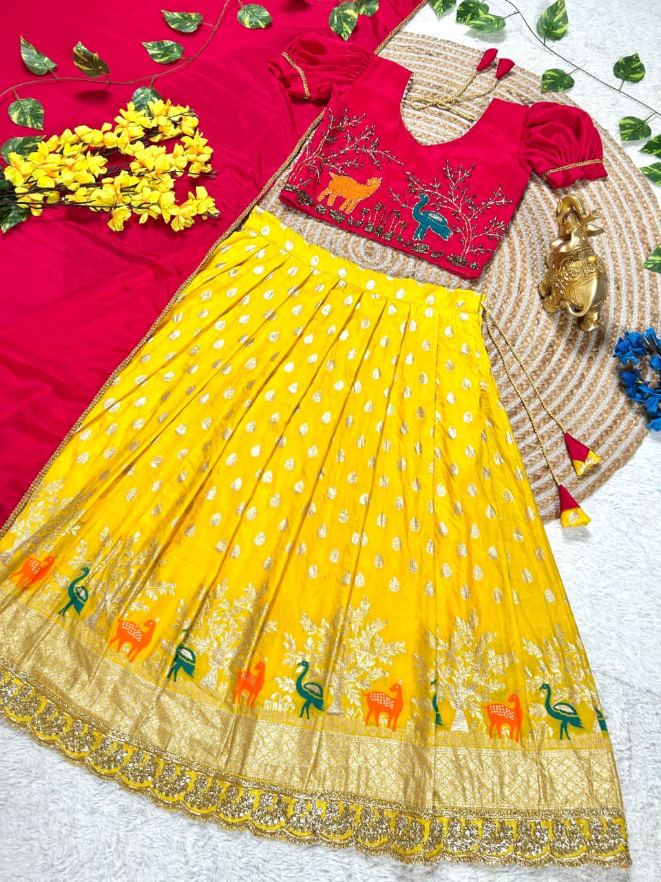 Yellow Pure Chinnon Silk Kids Girl's Lehenga Choli