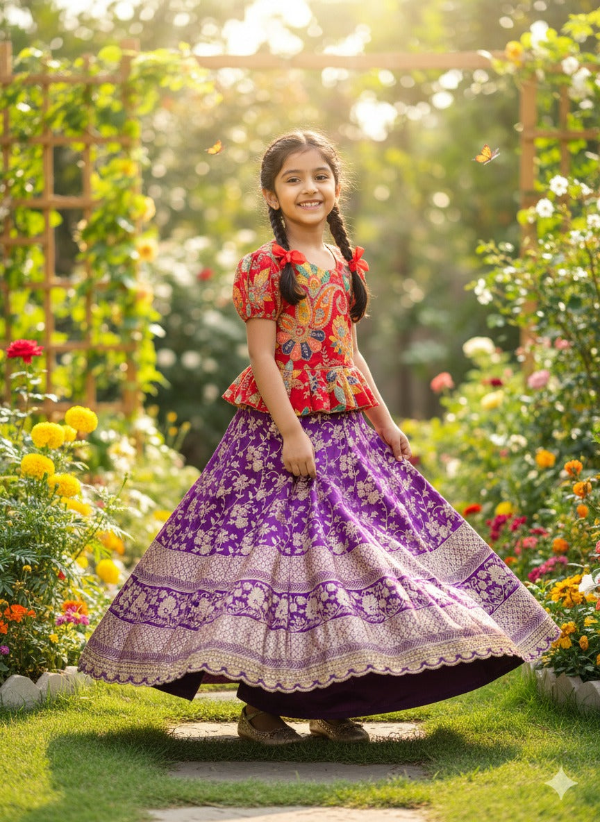 Lavender Pure Golden Zari Silk Kids Girl's Lehenga Choli