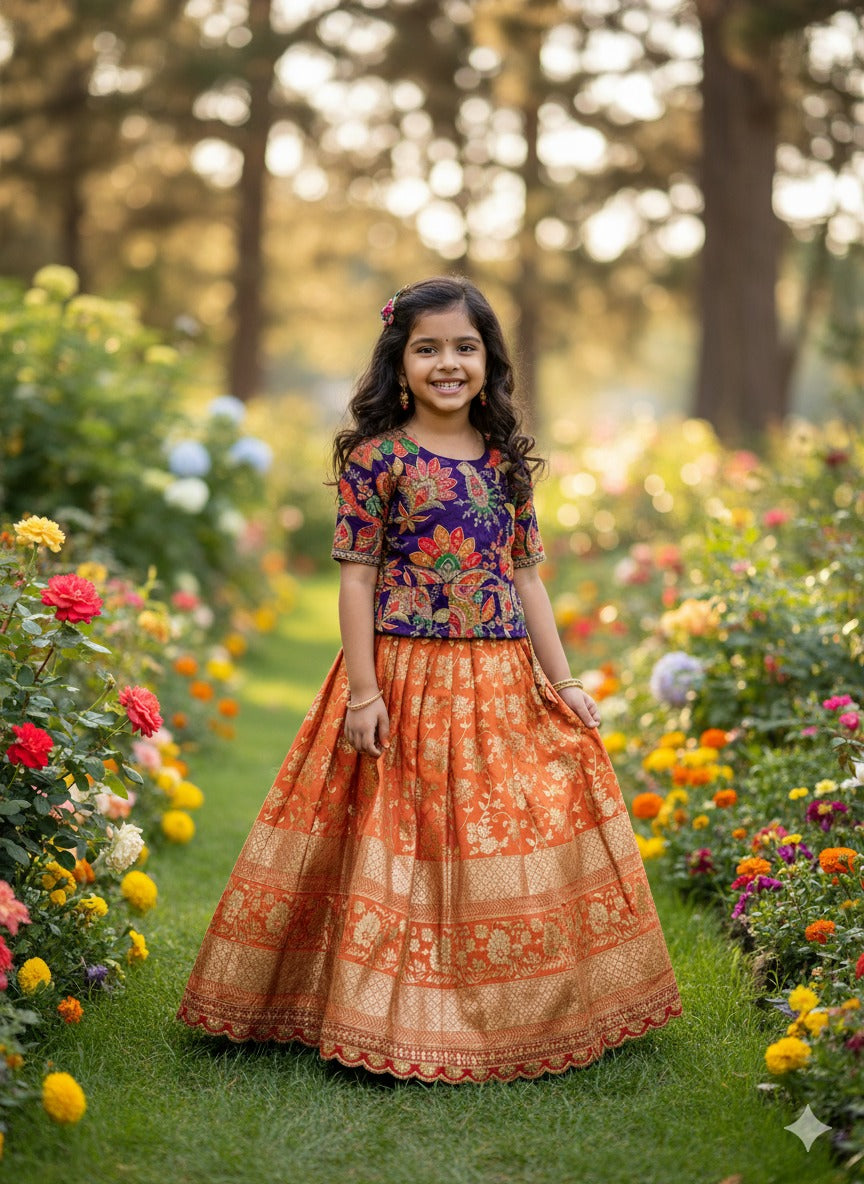 Orange Pure Golden Zari Silk Kids Girl's Lehenga Choli