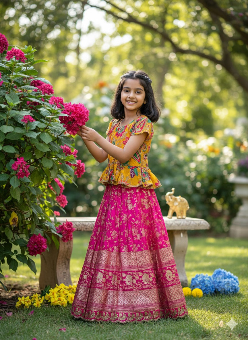 Pink Pure Golden Zari Silk Kids Girl's Lehenga Choli