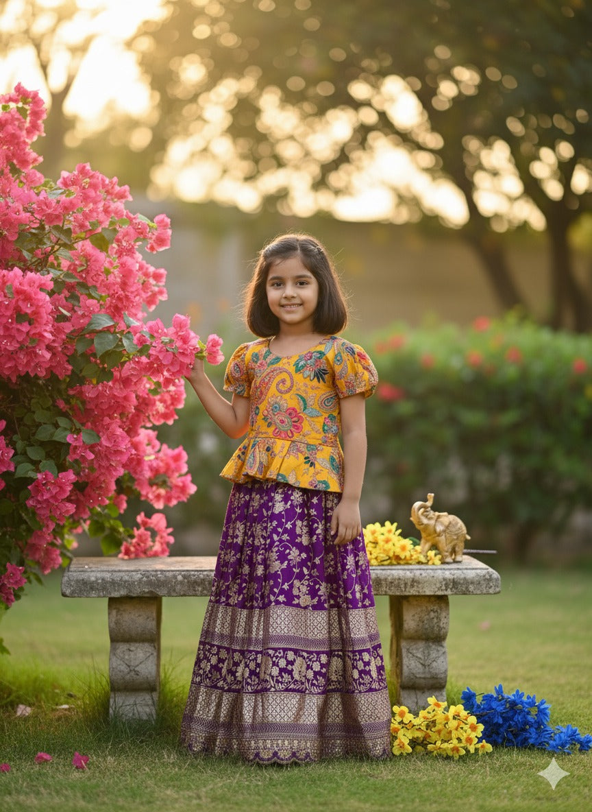 Lavender Pure Golden Zari Silk Kids Girl&