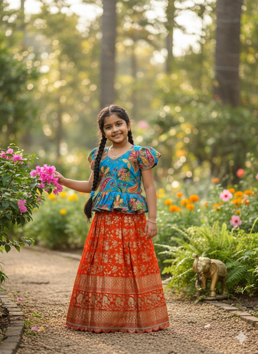 Orange Pure Golden Zari Silk Kids Girl&
