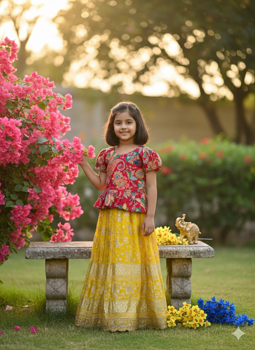 Yellow Pure Golden Zari Silk Kids Girl's Lehenga Choli