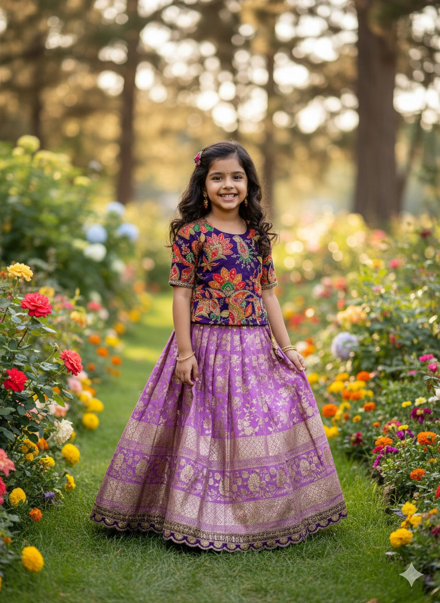 Pink Pure Golden Zari Silk Kids Girl&