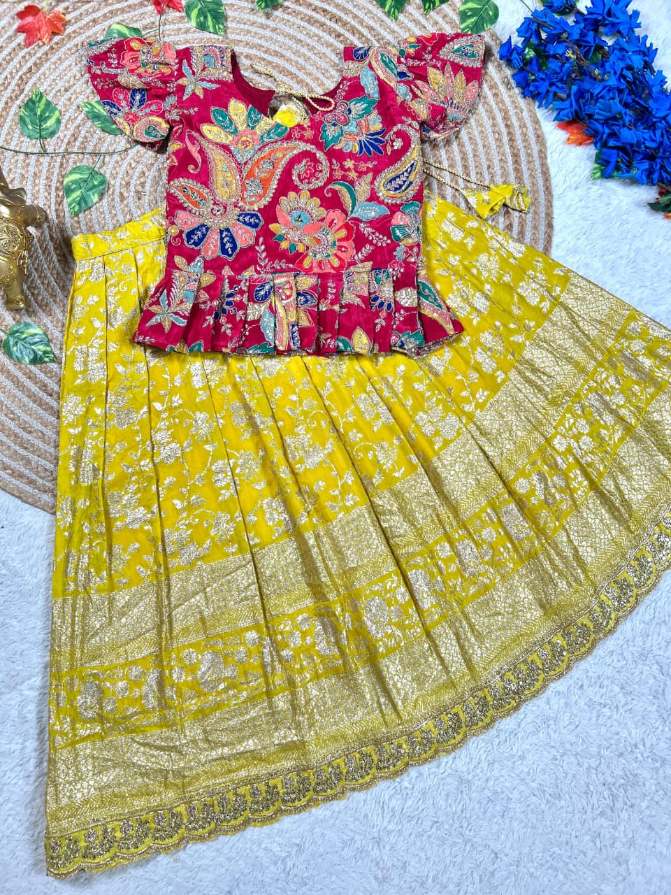 Yellow Pure Golden Zari Silk Kids Girl's Lehenga Choli