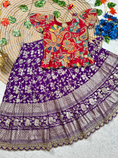 Orange Pure Golden Zari Silk Kids Girl&