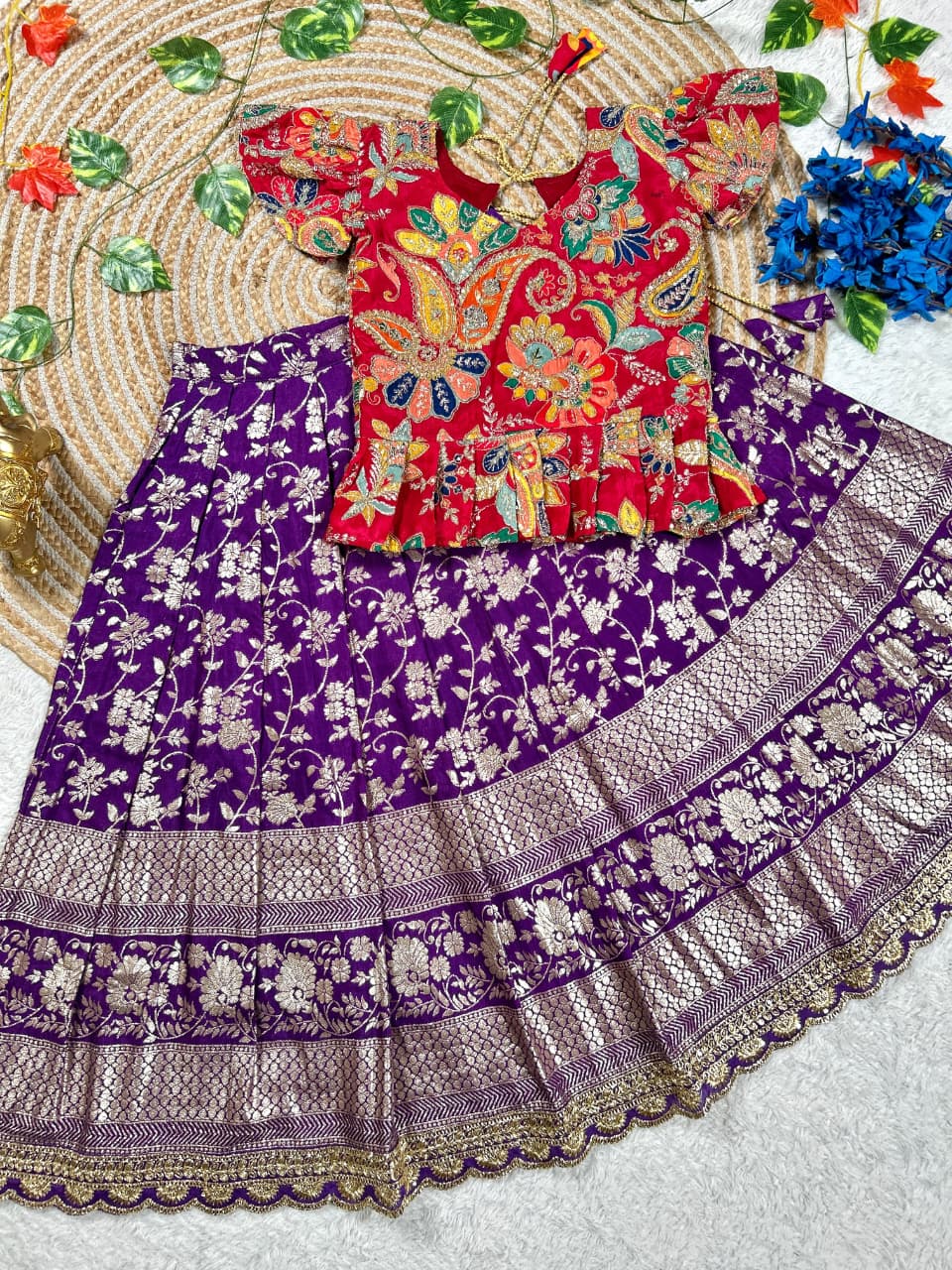 Orange Pure Golden Zari Silk Kids Girl's Lehenga Choli