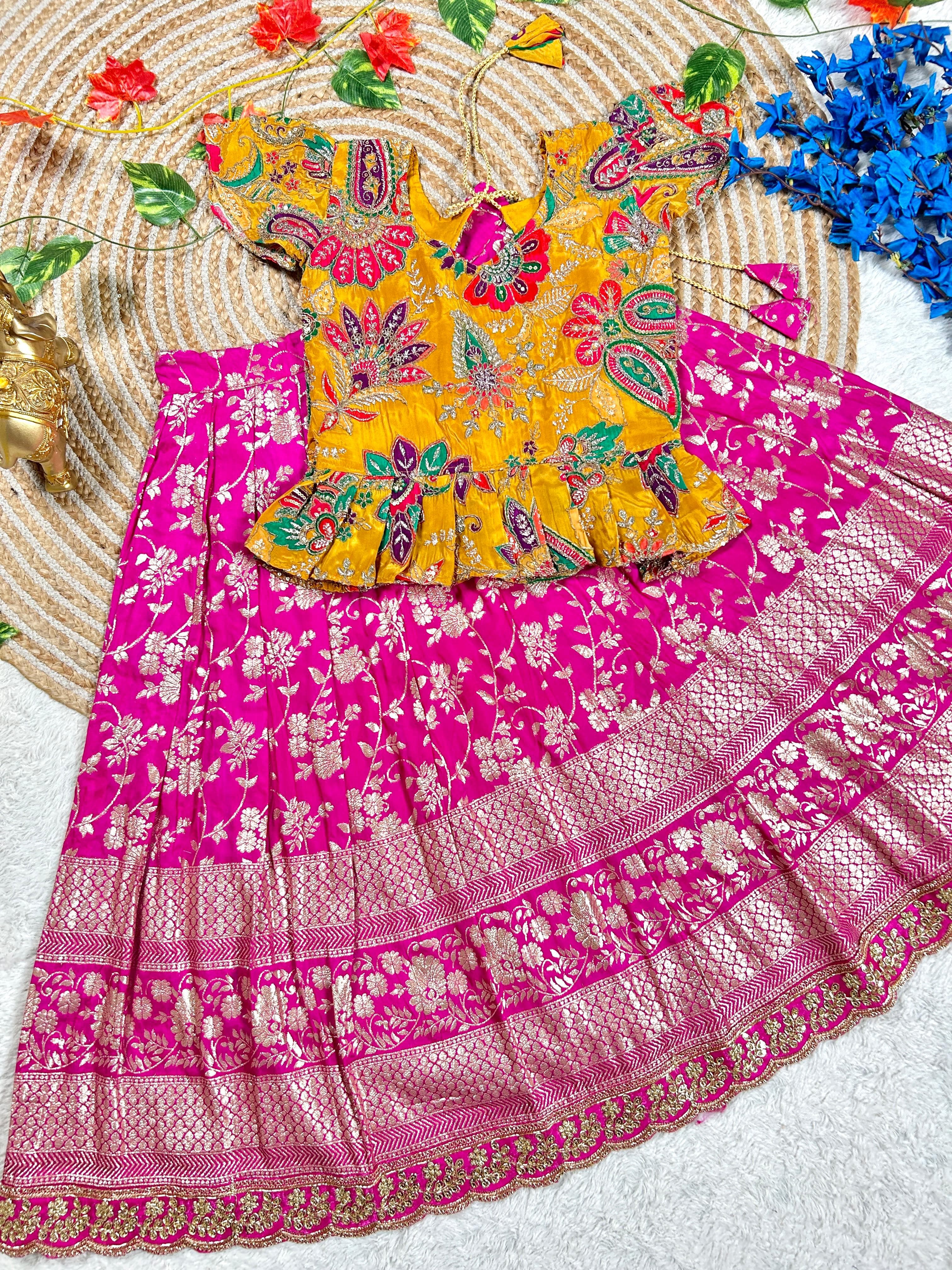 Pink Pure Golden Zari Silk Kids Girl's Lehenga Choli