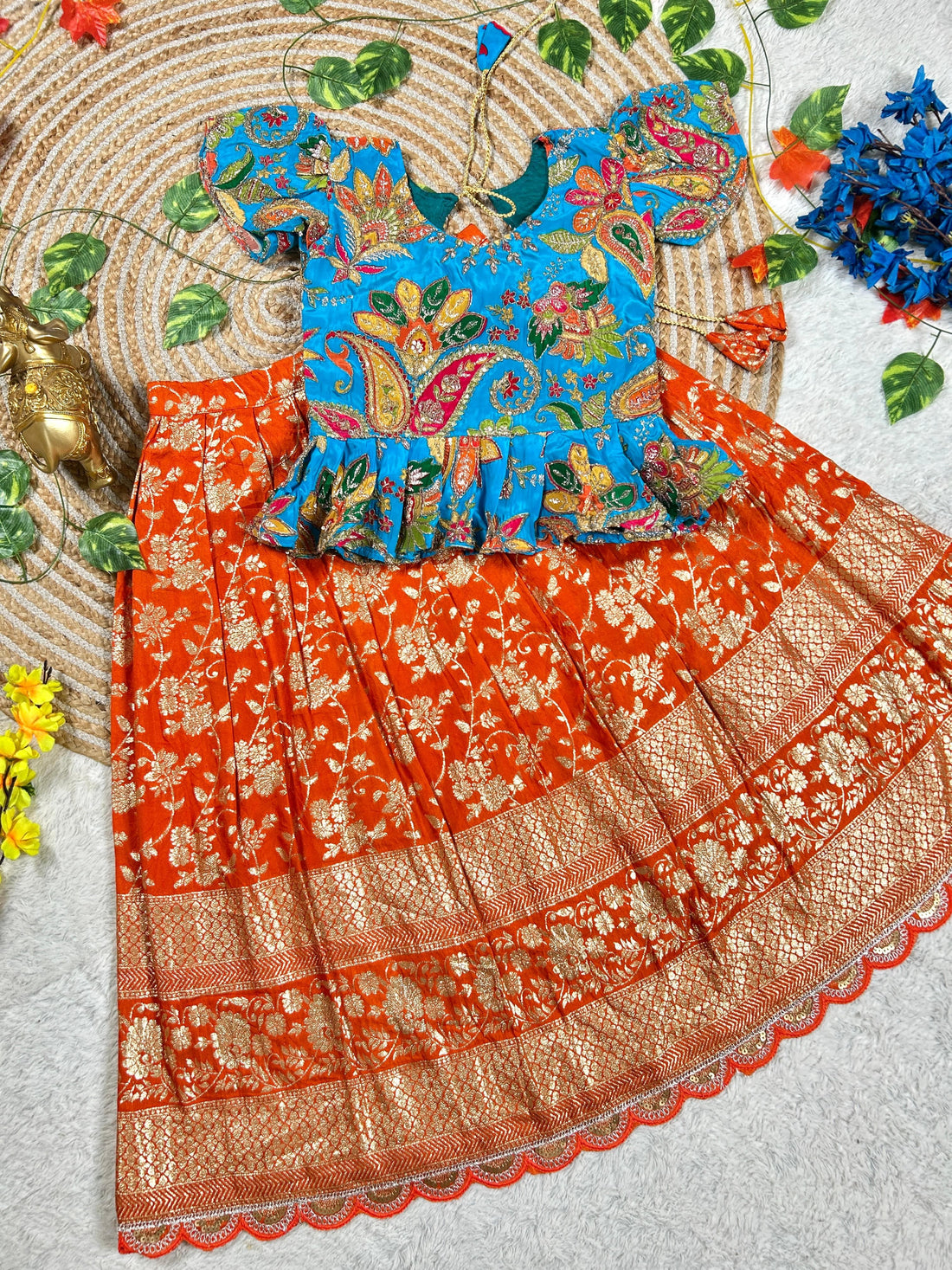 Orange Pure Golden Zari Silk Kids Girl&