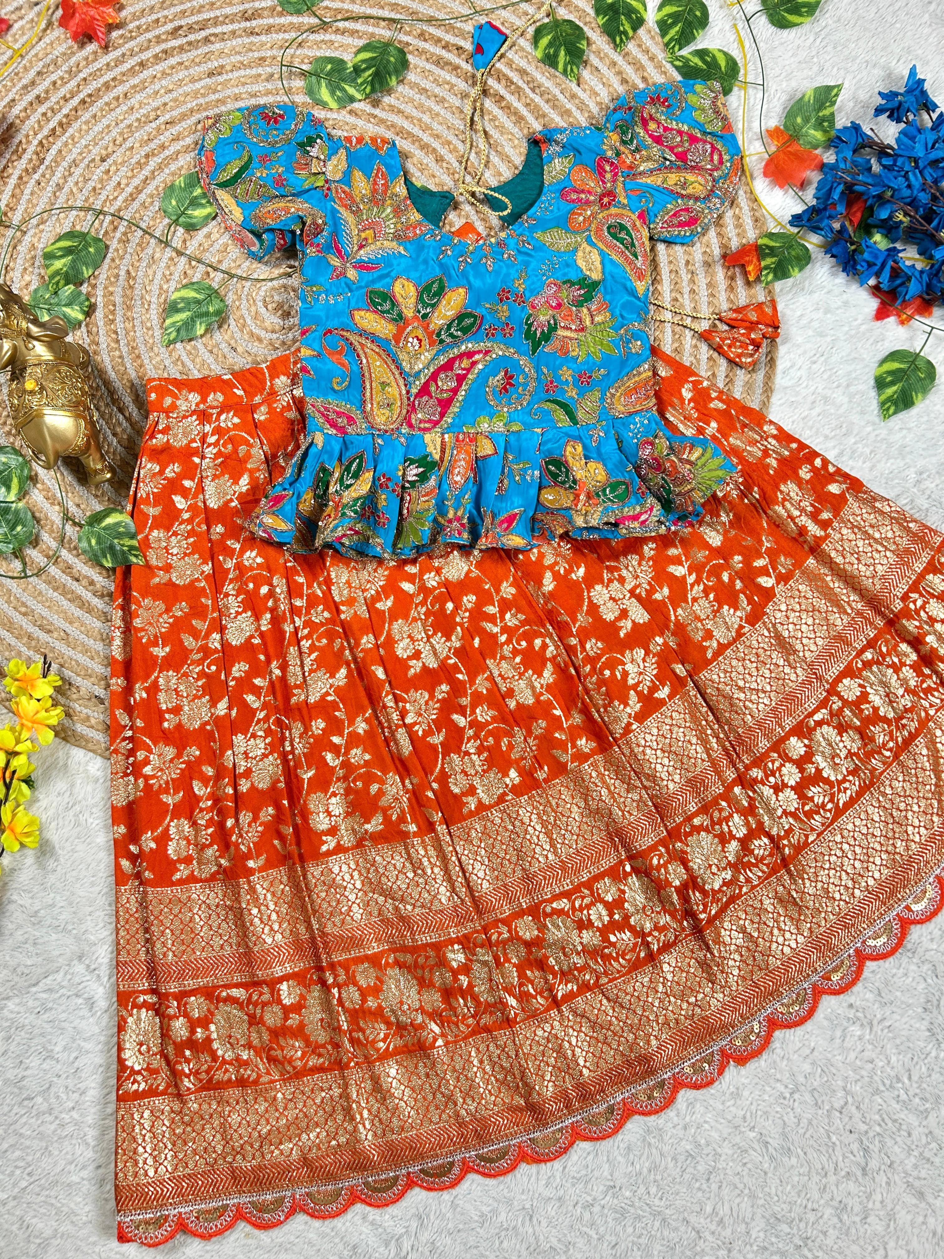 Orange Pure Golden Zari Silk Kids Girl's Lehenga Choli