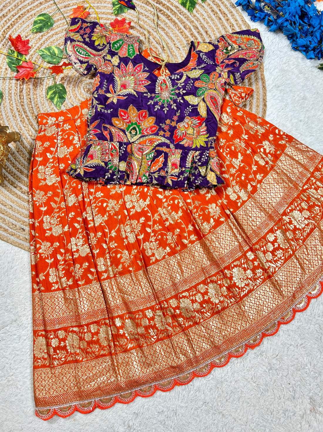 Orange Pure Golden Zari Silk Kids Girl&