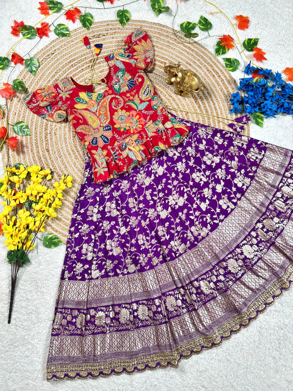 Orange Pure Golden Zari Silk Kids Girl's Lehenga Choli