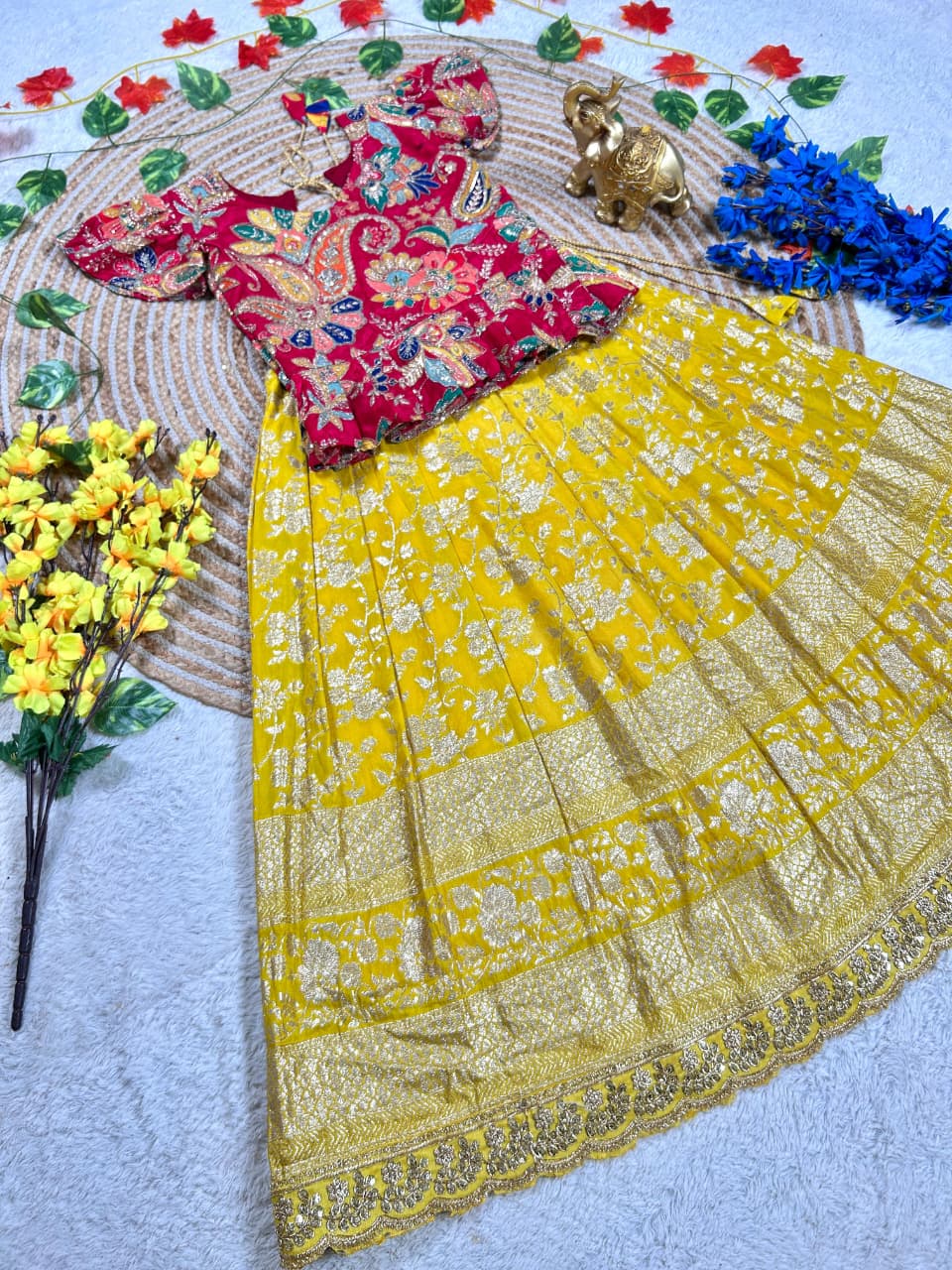 Yellow Pure Golden Zari Silk Kids Girl's Lehenga Choli