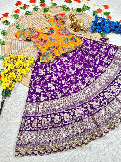Lavender Pure Golden Zari Silk Kids Girl&