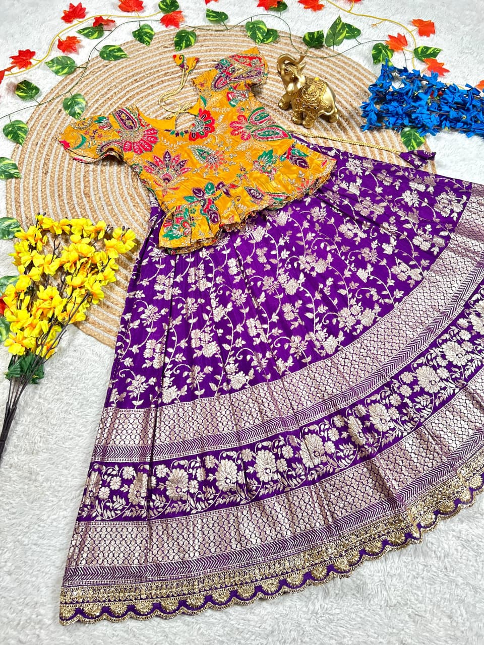 Lavender Pure Golden Zari Silk Kids Girl's Lehenga Choli