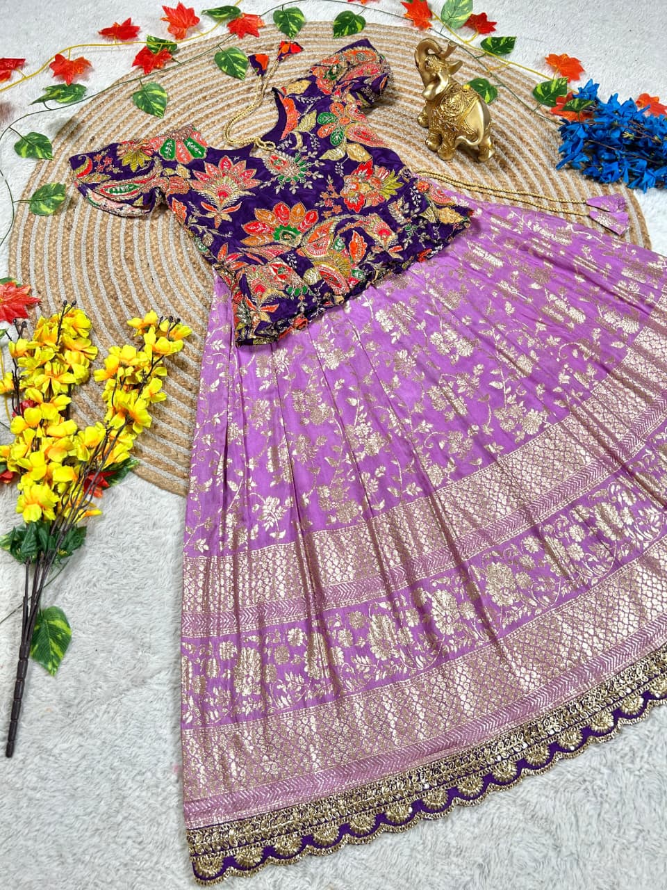 Pink Pure Golden Zari Silk Kids Girl's Lehenga Choli