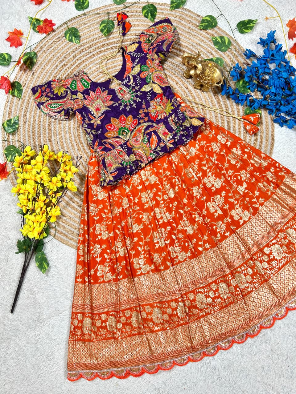 Orange Pure Golden Zari Silk Kids Girl's Lehenga Choli