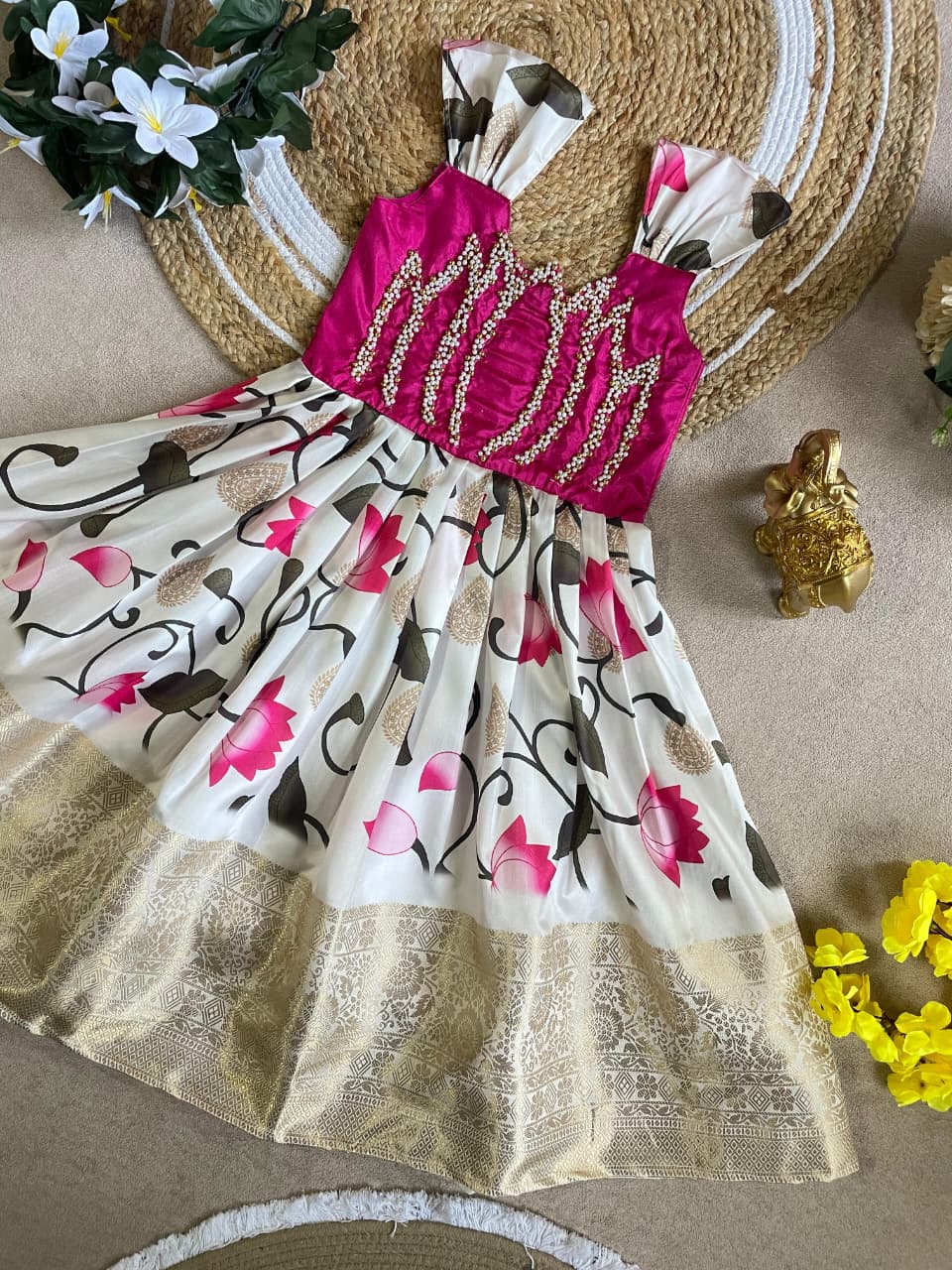 Cream Pure Silk Kids Girl's Lehenga Choli