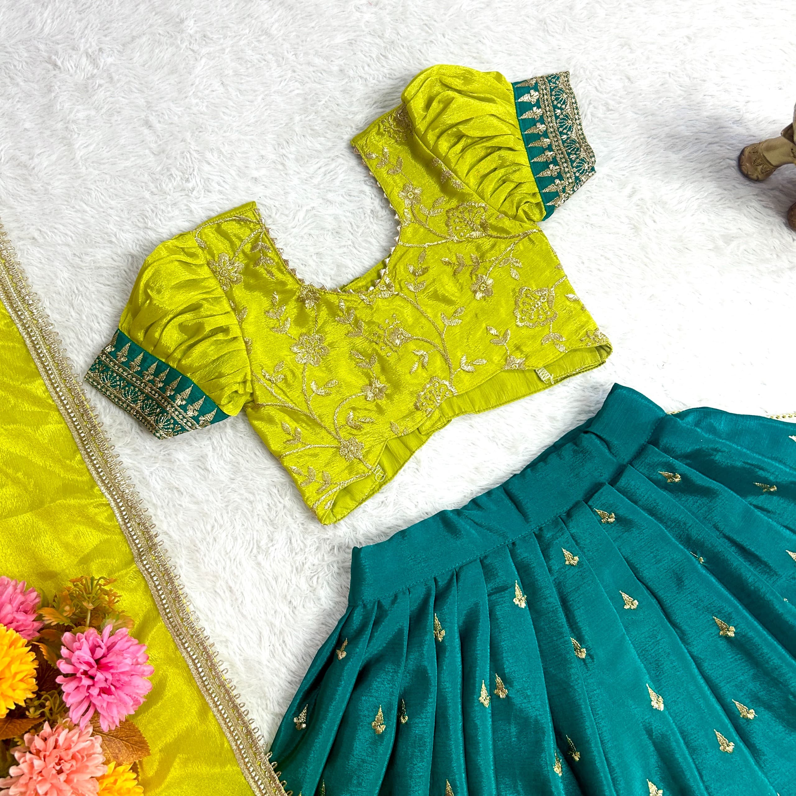 Green Pure Chinnon Silk Kids Girl's Lehenga Choli