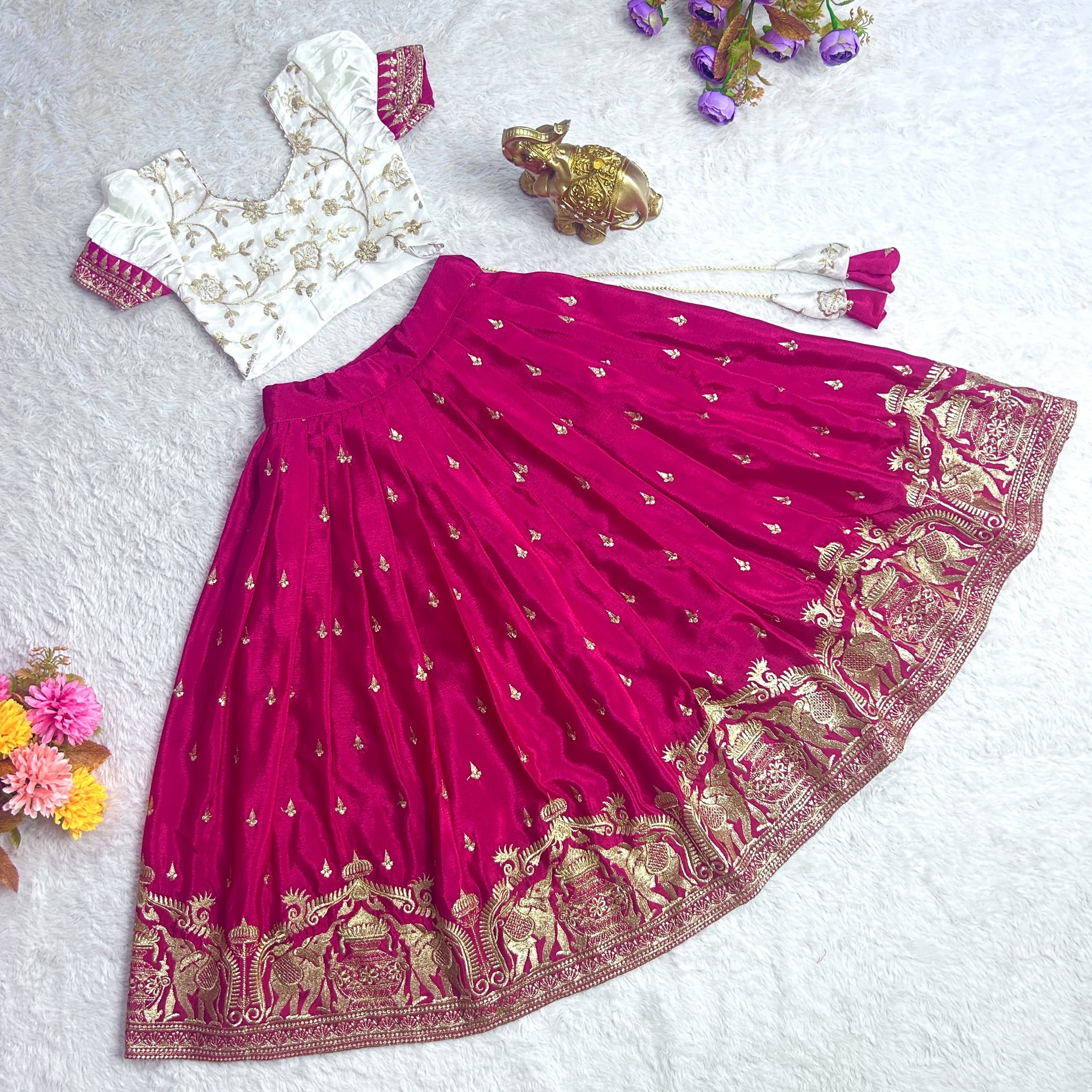 Red Pure Chinnon Silk Kids Girl's Lehenga Choli