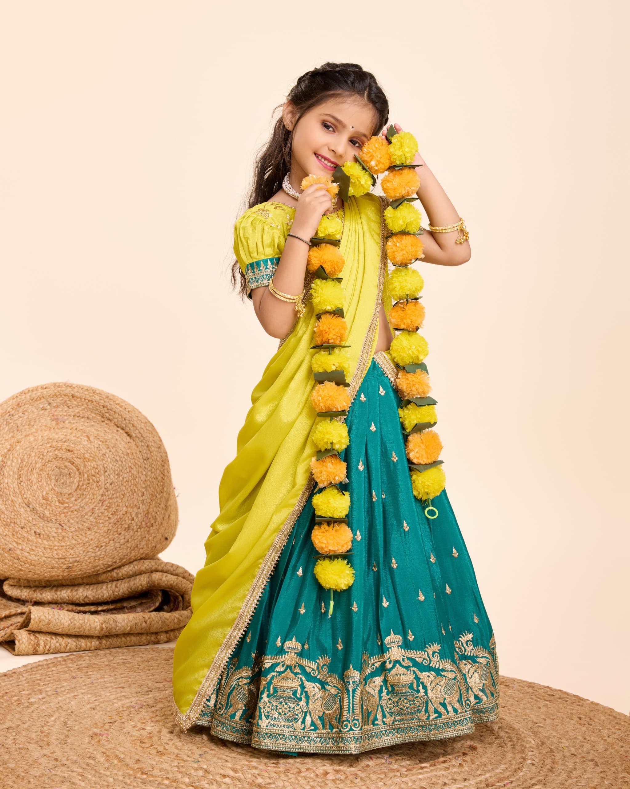 Green Pure Chinnon Silk Kids Girl's Lehenga Choli