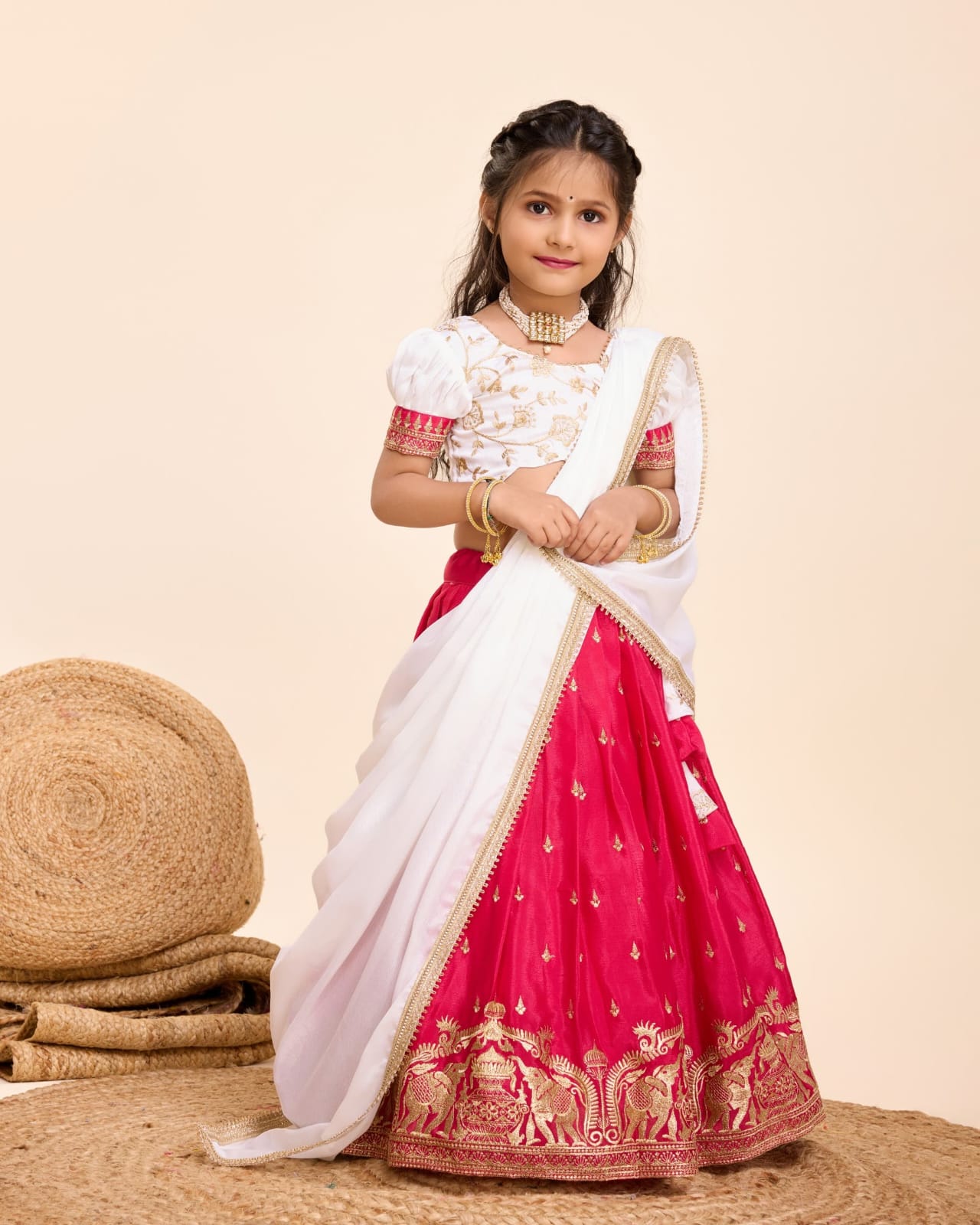 Red Pure Chinnon Silk Kids Girl's Lehenga Choli