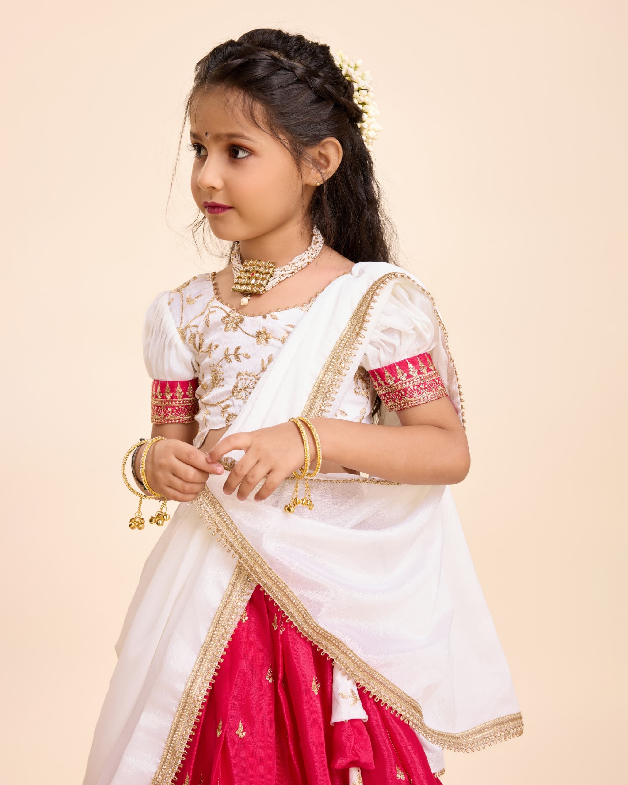 Red Pure Chinnon Silk Kids Girl's Lehenga Choli